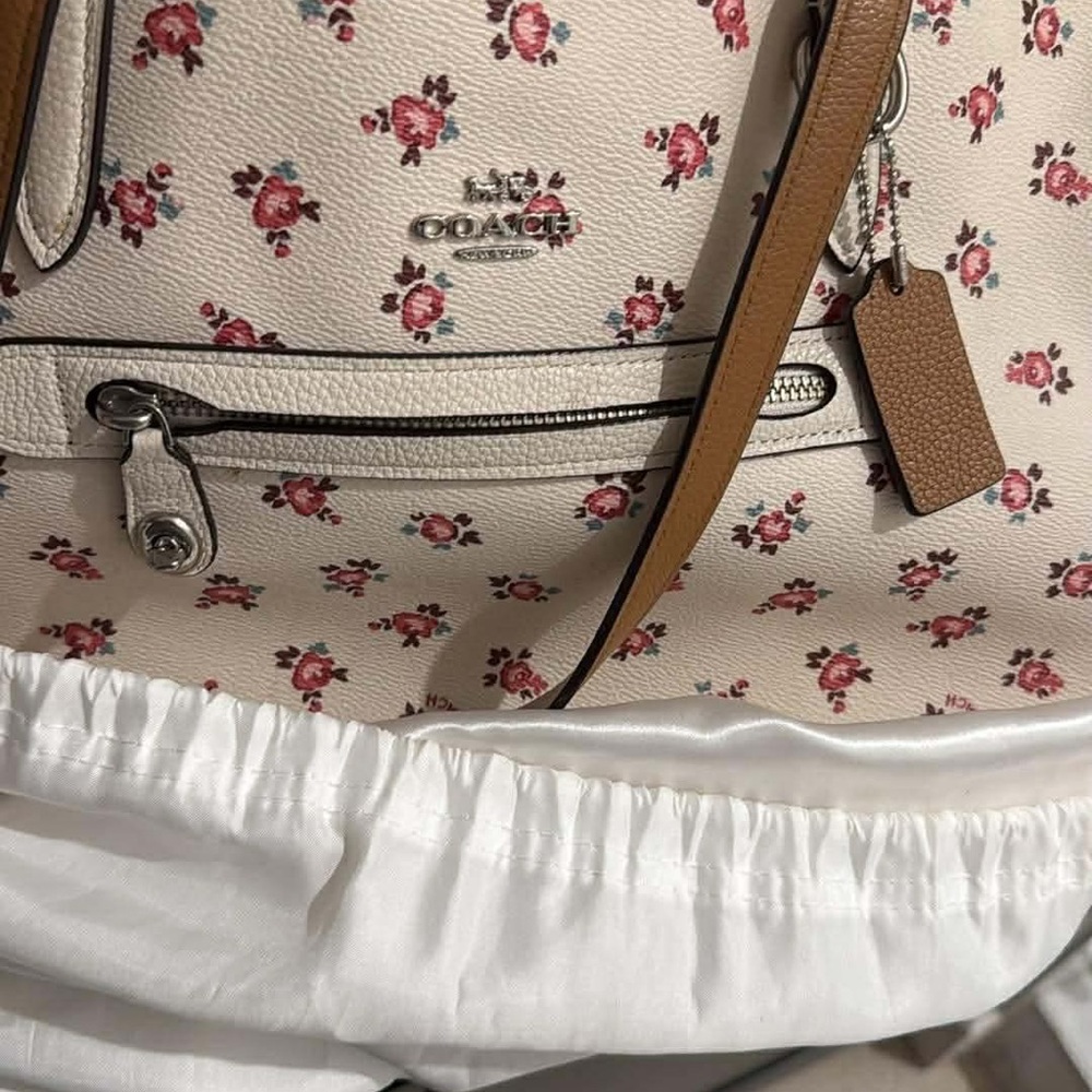 Coach Cream and Tan Floral Shoulder Bag